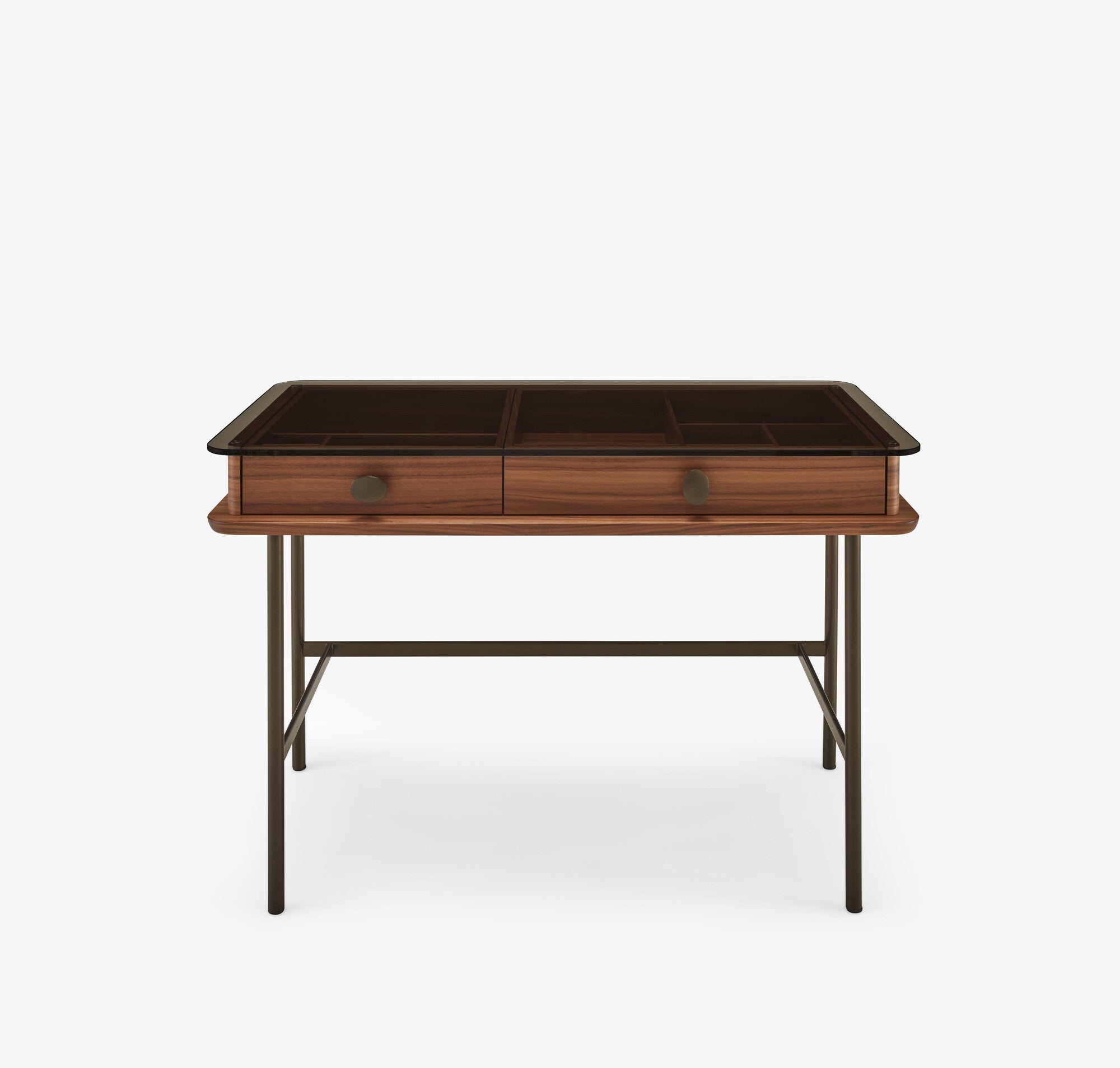 BUREAU INDISCRET PLAT.VERRE FUM 2 POIGNEES PLACAGE NOYER US